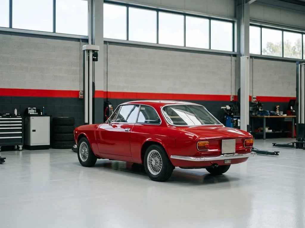 Um coupé clássico italiano vermelho, sem emblemas, estacionado na oficina limpa, parede cinzenta com faixa vermelha